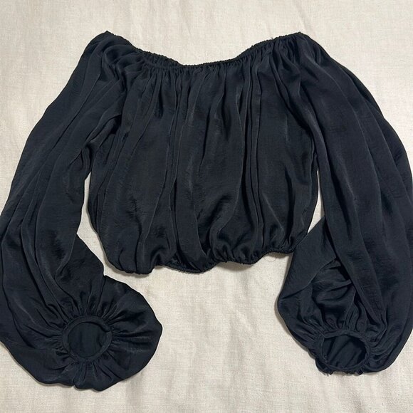 Favlux Fashion Black Silk Strapless Cropped Bubble Sleeve Top - Size Medium - Picture 2 of 5